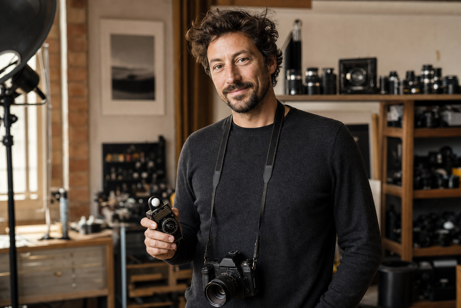 Portrait de Thibault Roy, photographe, avec son posemètre et son appareil photo