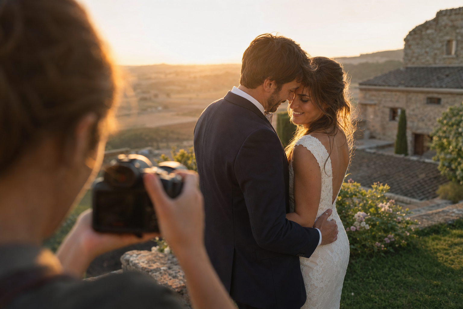Photographe de mariage capturant les mariés à la lumière dorée